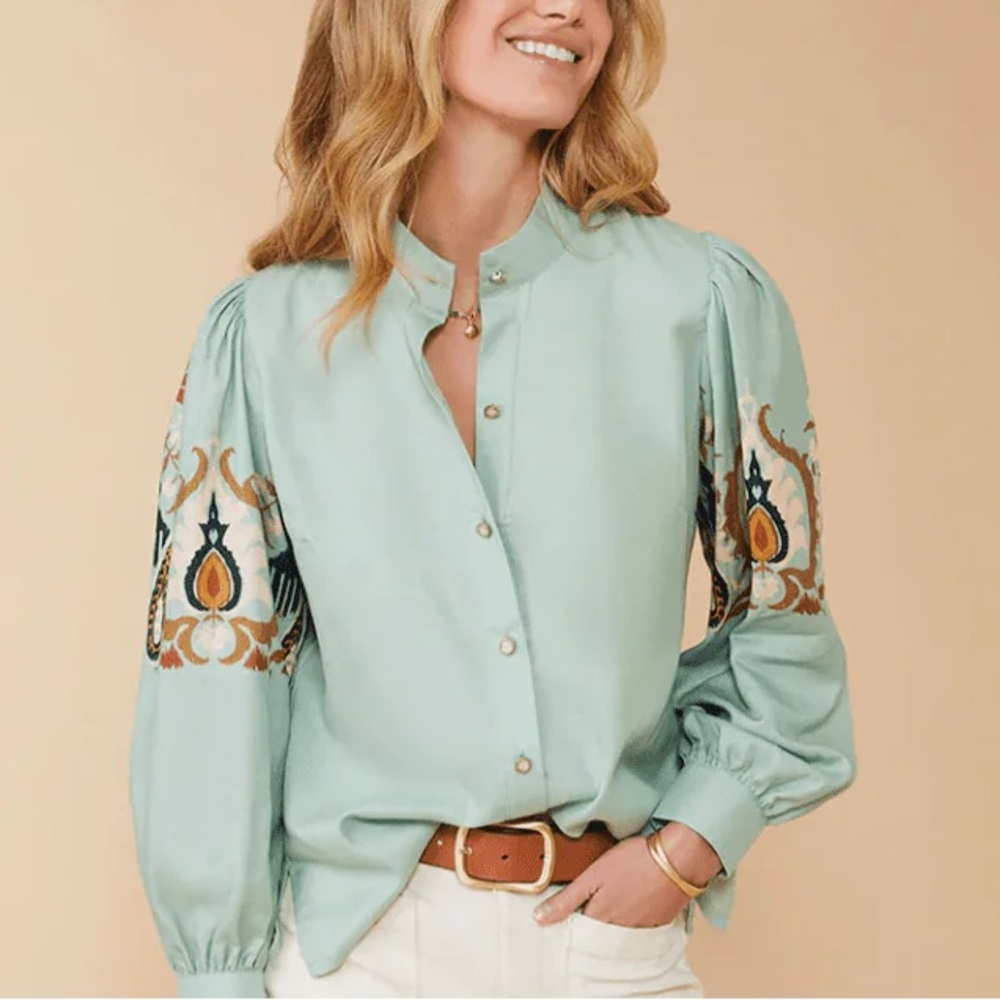 Spartina 449 Paulette Blouse, Kalalanta Ikat Palm Sea Foam XXS
